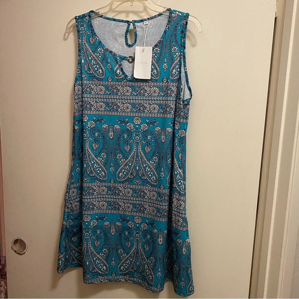 New Trend Womens Mini Tank Dress L Paisley Boho Turquoise Teal & White NWT New